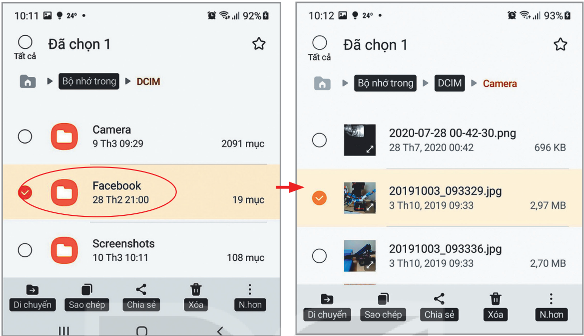 Hình 7.8. Mở tệp để di chuyển, sao chép, chia sẻ và xoá