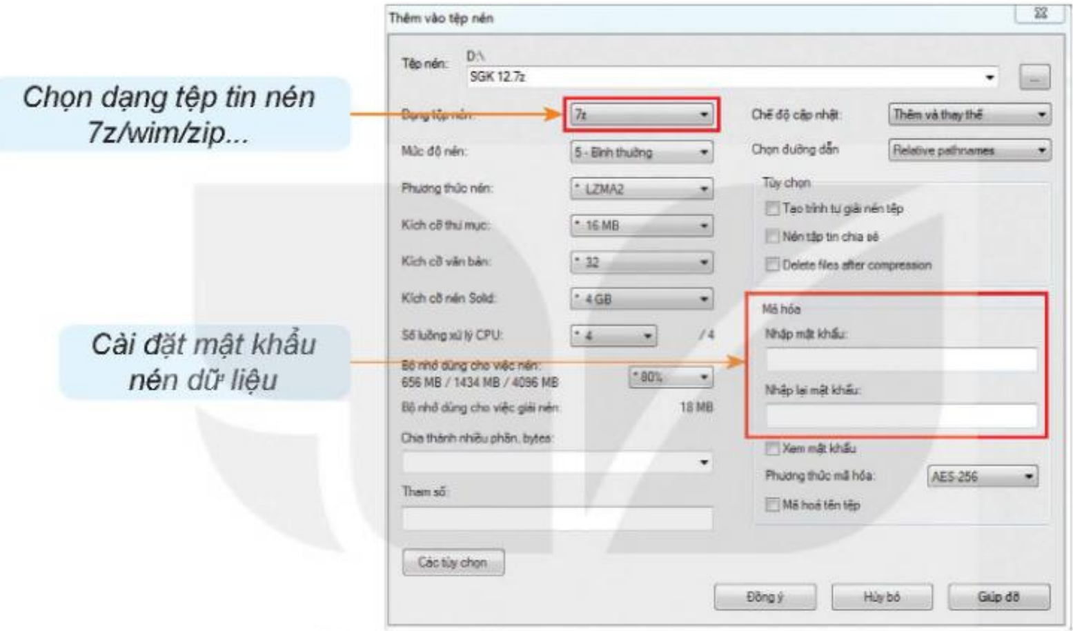 Hình 9.16. Cửa sổ tạo tệp nén dữ liệu của 7-Zip