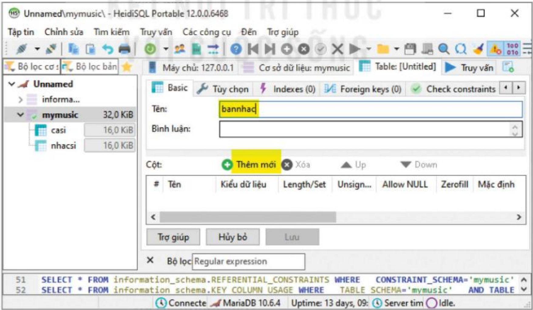 Hình 20.1 Khai báo bảng mới