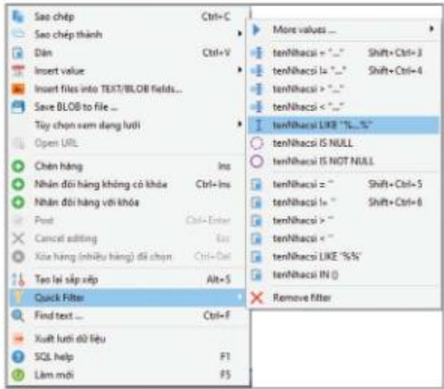 Hình 21.10. Bảng chọn để thiết lập bộ lọc