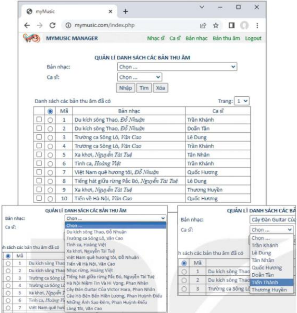 Hình 23.4. Mô tả giao diện Quản lí danh sách các bản thu âm