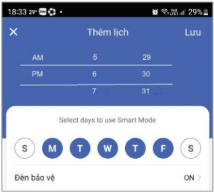 Hình 22.16. Giao diện đặt lịch cho công tắc đèn bảo vệ
