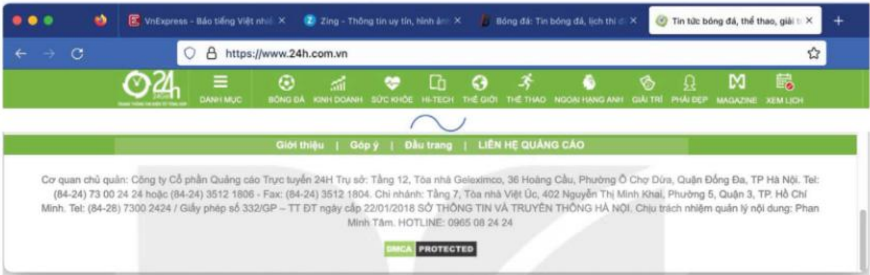 Hình 23.8. Phần đầu trang và chân trang của trang web 24 giờ