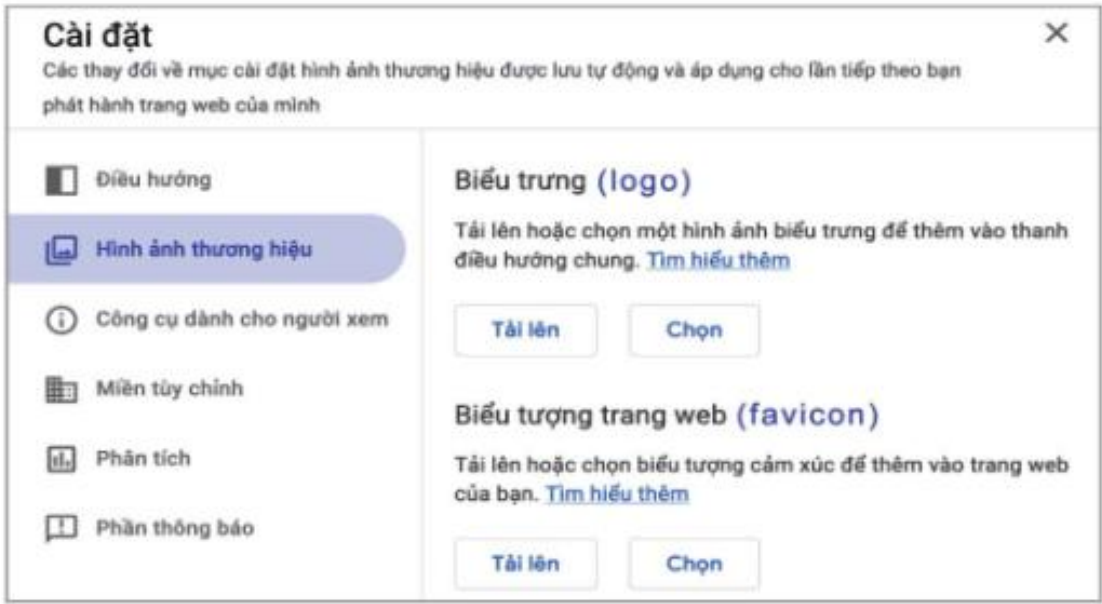 Hình 24.7. Cửa sổ Cài đặt và bảng chọn Hình ảnh thương hiệu