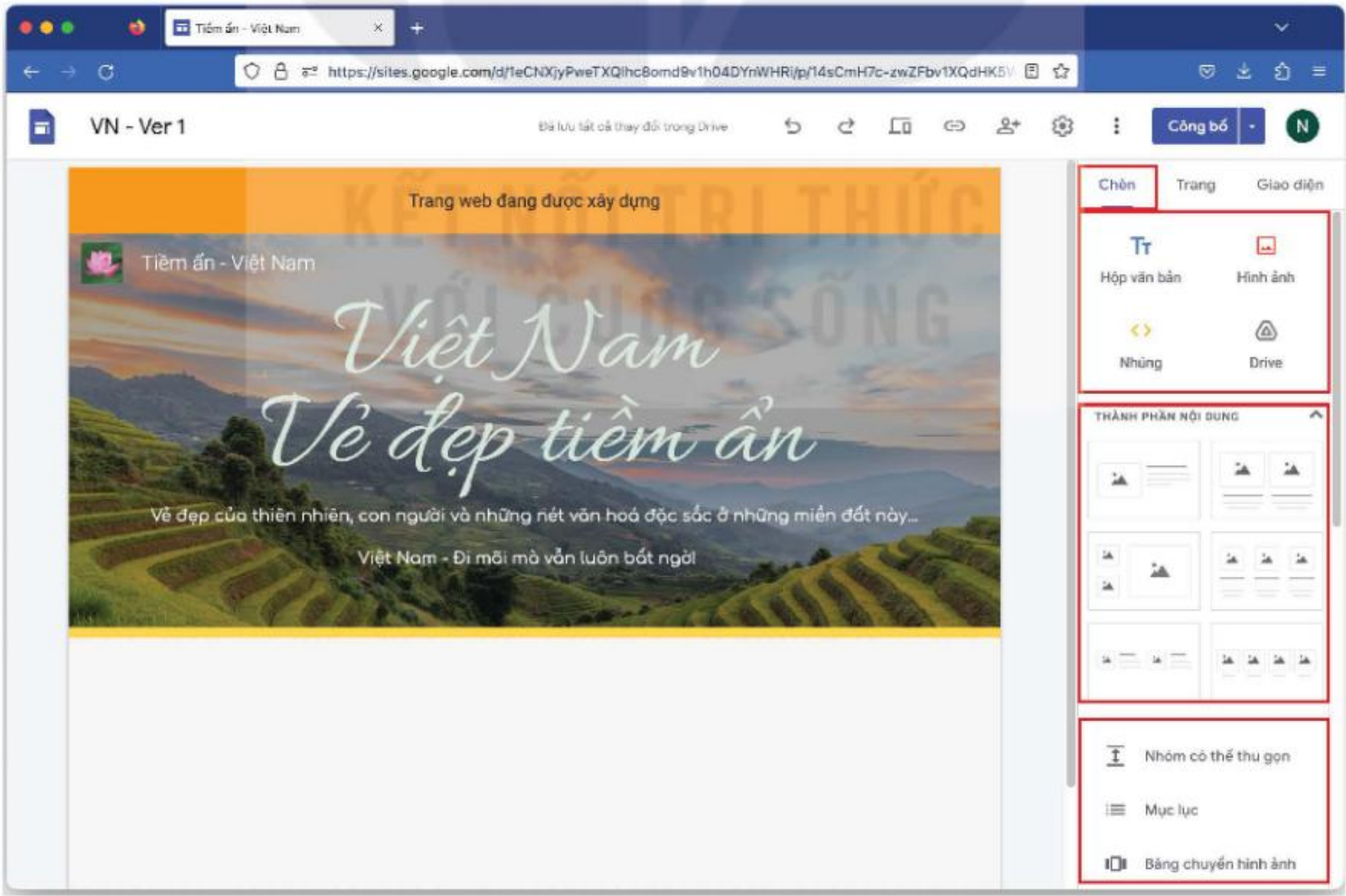 Hình 25.1. Bảng chọn Chèn trong giao diện tạo phần thân trang web